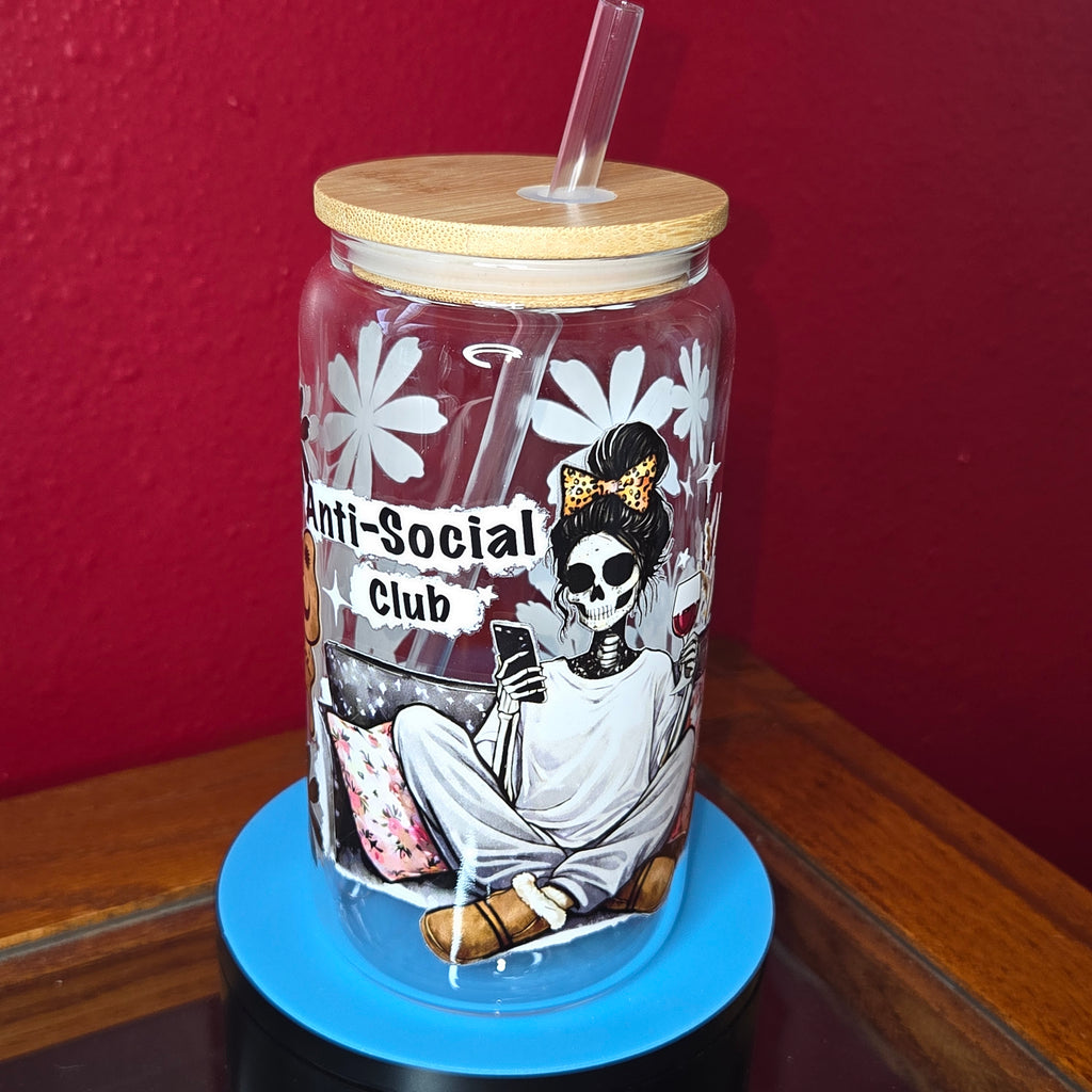 16oz Glass Can w/ Lid and Straw - Anit-Social Club