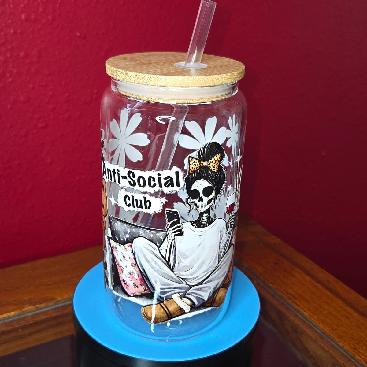 16oz Glass Can w/ Lid and Straw - Anit-Social Club