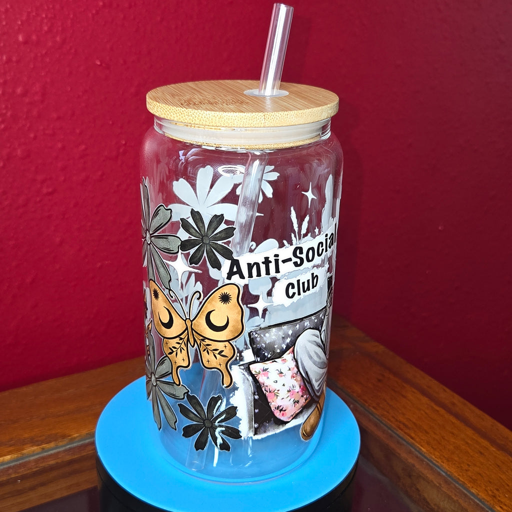 16oz Glass Can w/ Lid and Straw - Anit-Social Club