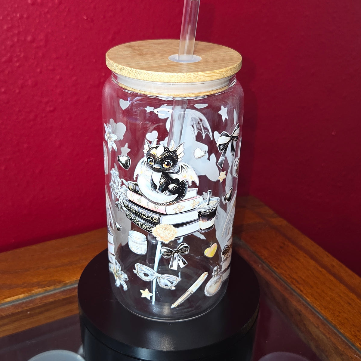 16oz Glass Can w/ Lid and Straw - Baby Dragons