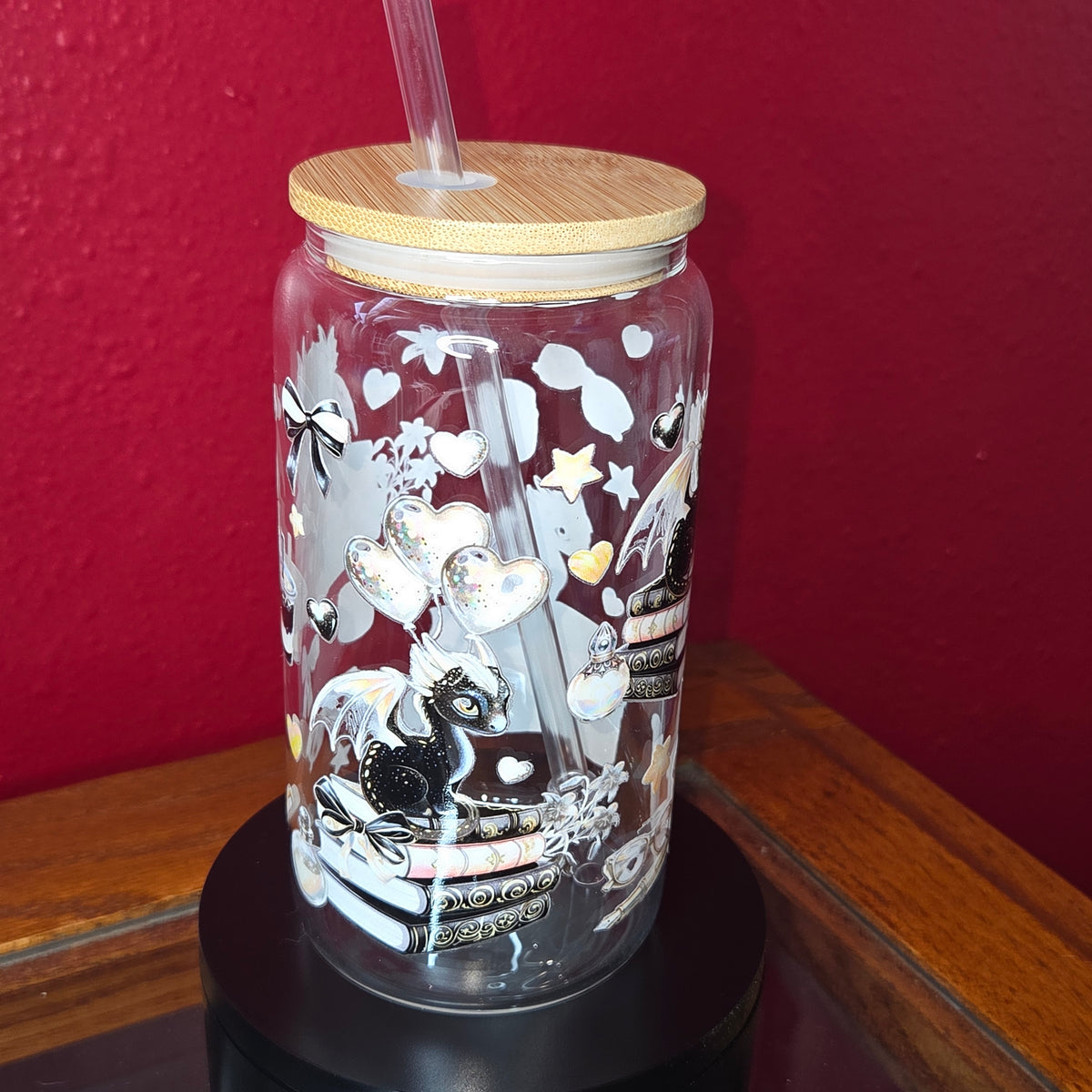 16oz Glass Can w/ Lid and Straw - Baby Dragons