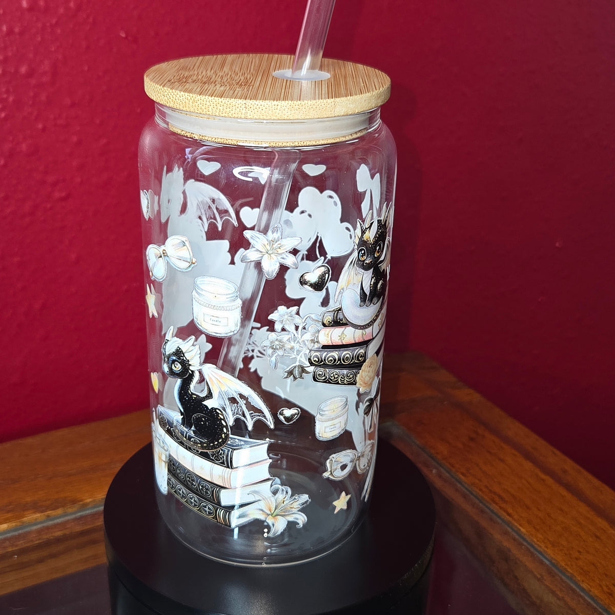 16oz Glass Can w/ Lid and Straw - Baby Dragons